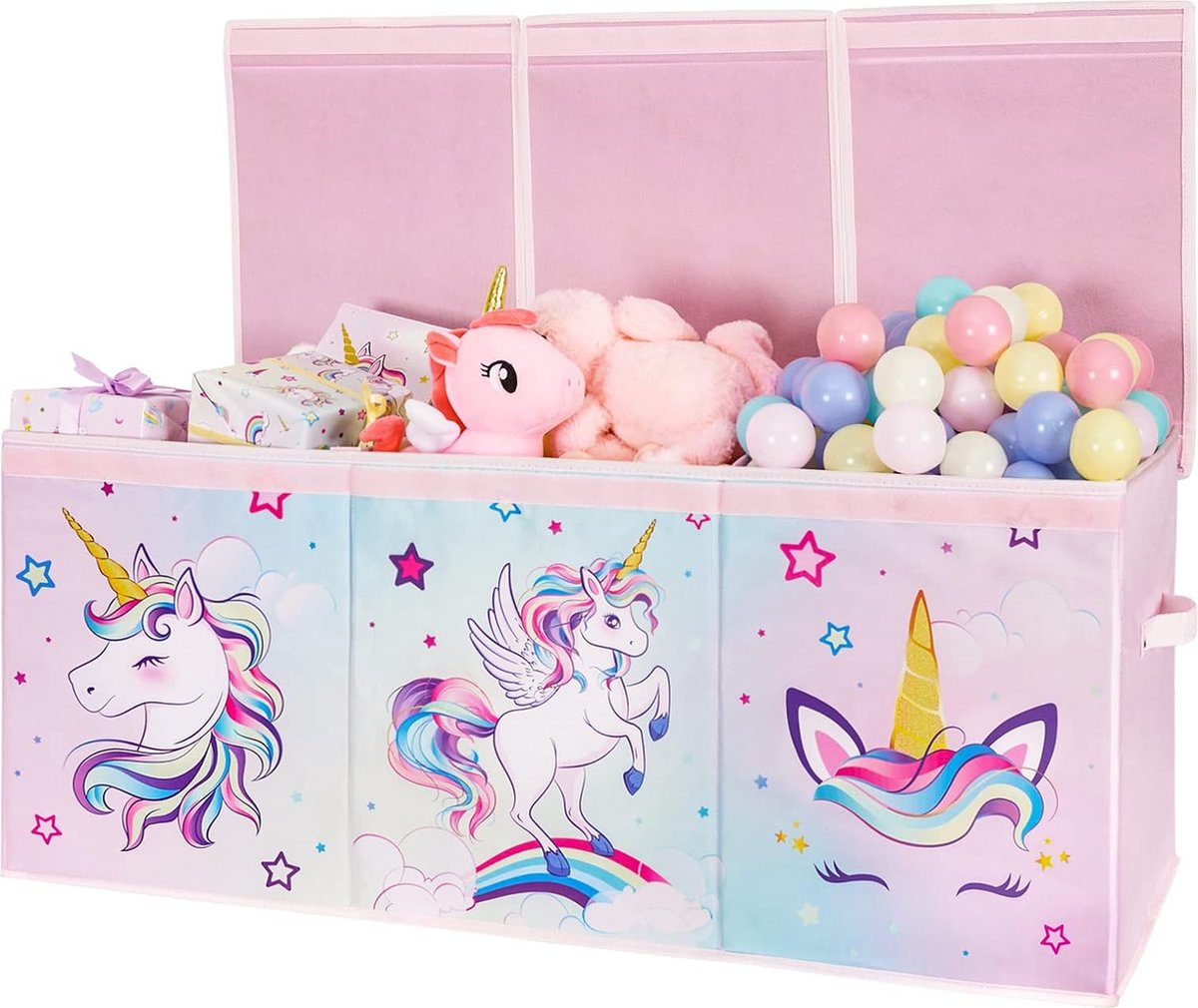 EN Unicorn toy box, large storage box with lid, for children, girls, toy box, foldable, robust, pink, 96 x 32 x 40 cm, wardrobe, children's room, nursery, bedroom