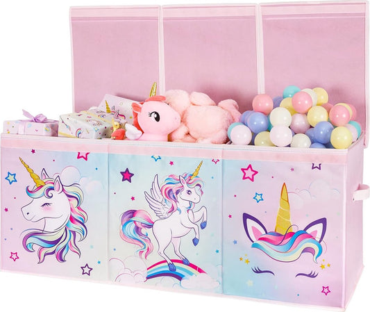 EN Unicorn toy box, large storage box with lid, for children, girls, toy box, foldable, robust, pink, 96 x 32 x 40 cm, wardrobe, children's room, nursery, bedroom