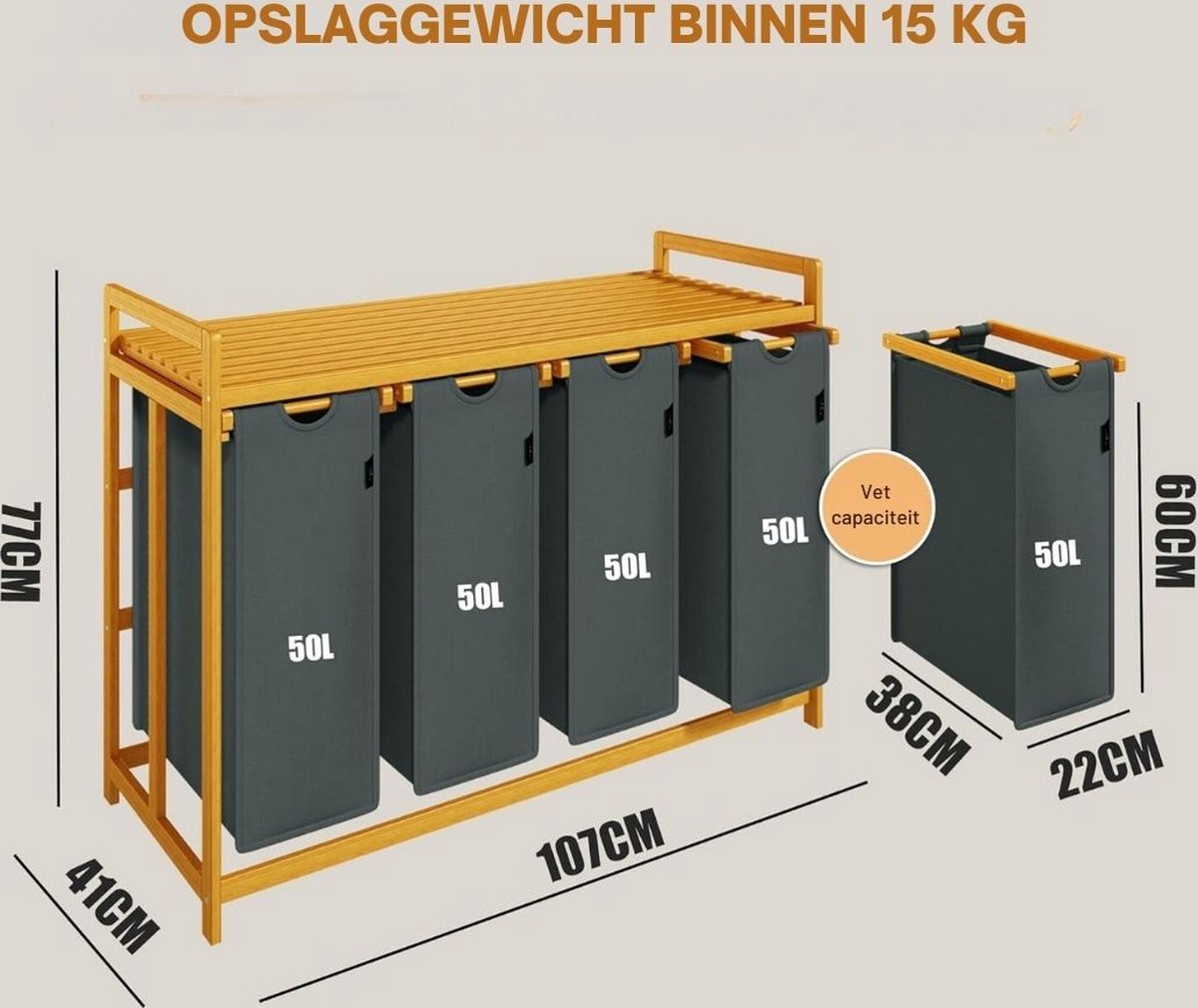 Wassorteerder 4 vakken - Wasmand 4 vakken 200 Liter - Wasmand Met Opbergplank – Wassorteerder Met Afneembare Manden - Dubbele wasmand - Duo Wasmand – Wasmanden - 107 x 42 x 77 cm