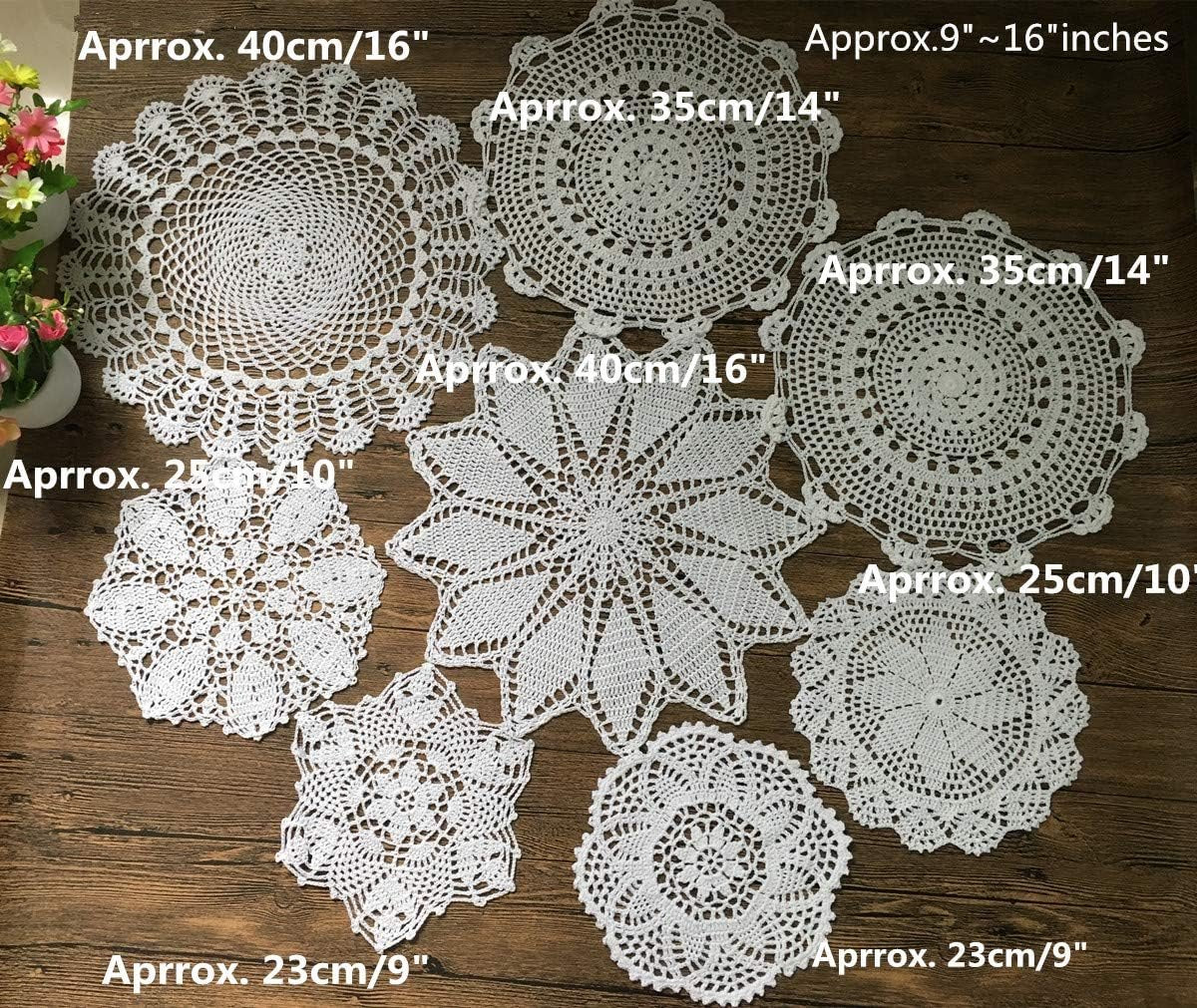Set van 8 handgehaakte katoenen kleedjes, gehaakte kanten kleedjes, onderzetters, placemat, 23-40 cm rond, wit, vintage, bruiloft, theekransje (8 stuks wit)