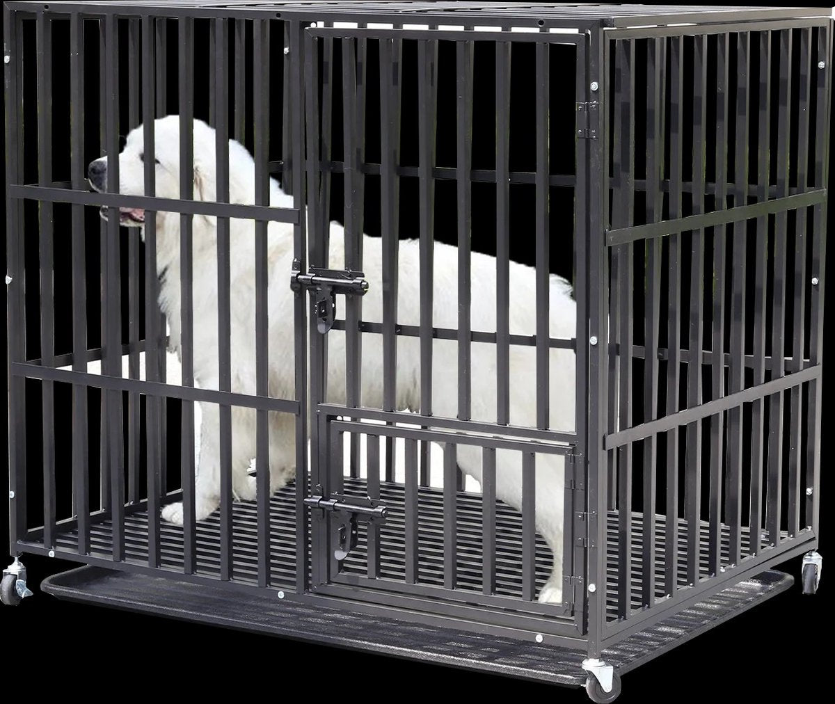 RM Store® - Grote Hondenkooi - Metalen Honden Kennel - Hondenbench - Dubbele Deuren - Inclusief Slot - 4 Afsluitbare Wielen - Verwijderbare Lade - Max. 100KG