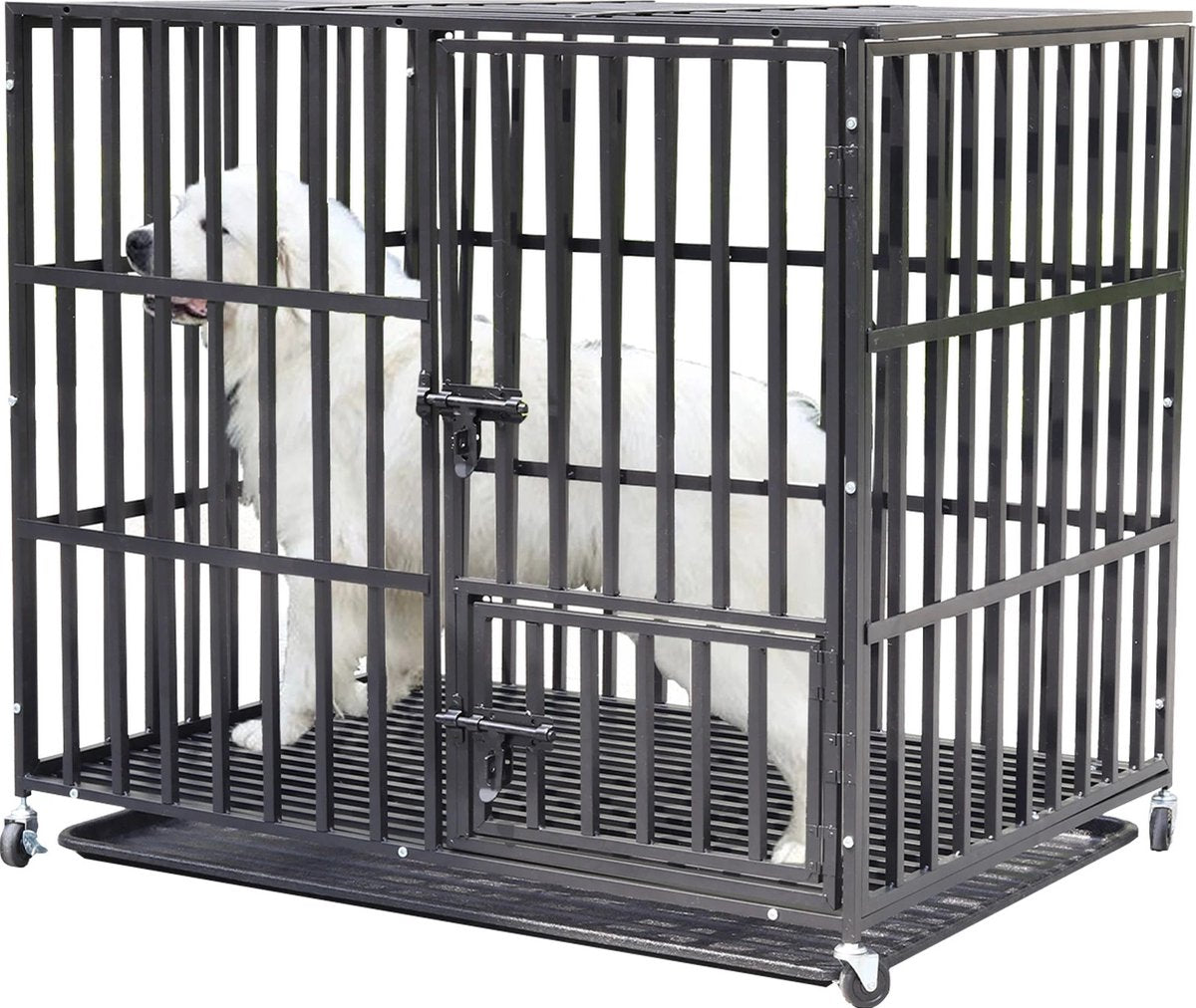 RM Store® - Grote Hondenkooi - Metalen Honden Kennel - Hondenbench - Dubbele Deuren - Inclusief Slot - 4 Afsluitbare Wielen - Verwijderbare Lade - Max. 100KG
