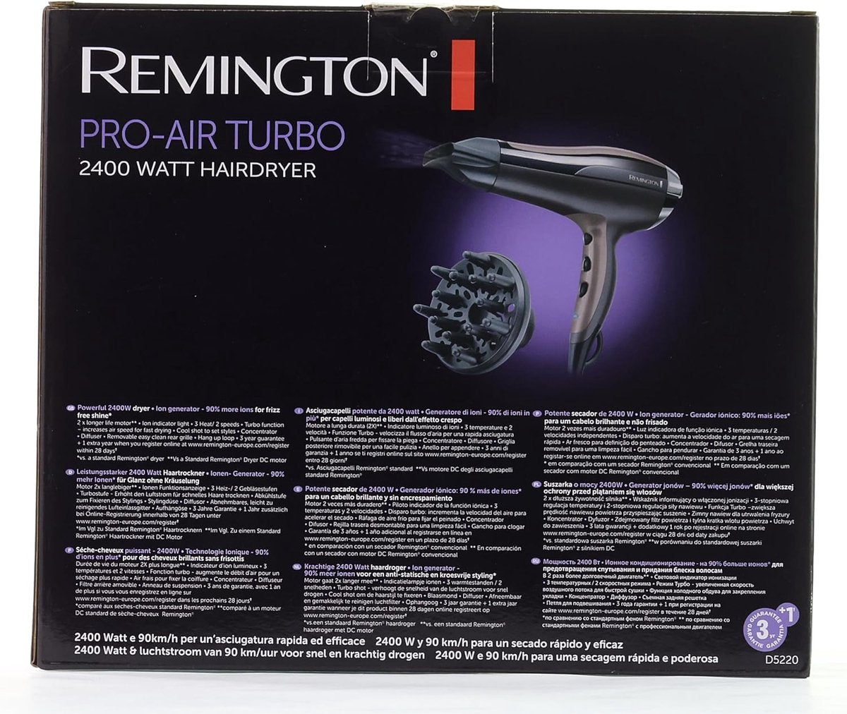 Föhn - Pro air turbo - Ionengenerator technologie - 2400W - 90km per uur blaaskracht - Met Diffuser - Keramiek - 3 warmtestanden - 2 snelheden - Voor pluiziger haar - Zilver -