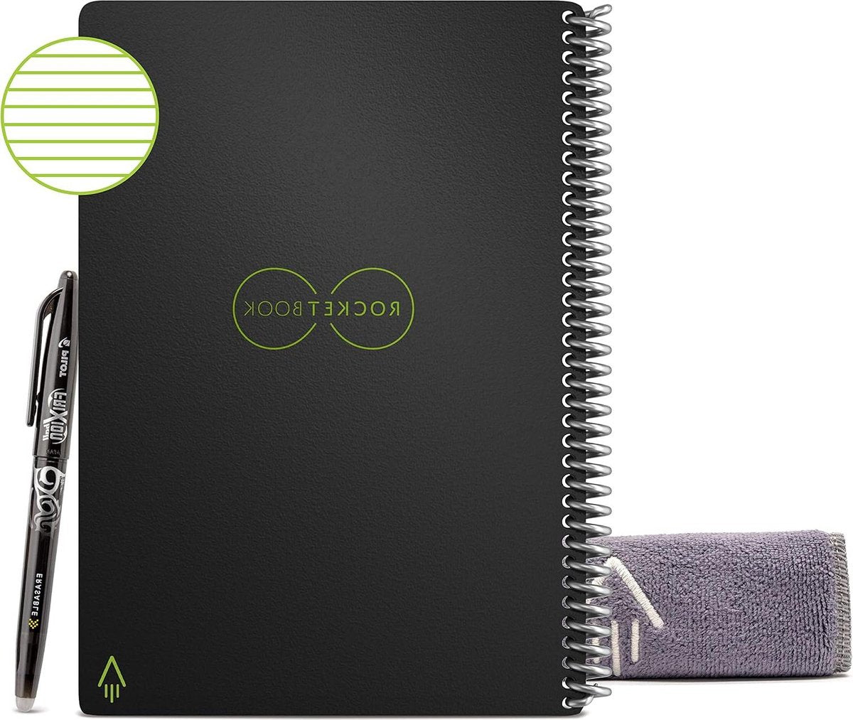 Rewritable Digital Notebook - A4 Letter Black - Electronic Notepad with Lined Pages - Incl. Pilot Frixion Pen and Microfiber Cloth Notepad