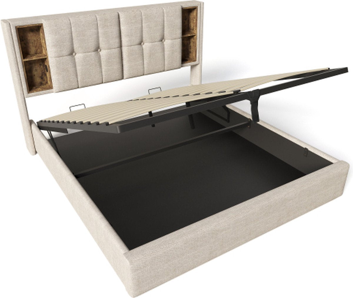 160x200 cm Tweepersoonsbedden met laden, bedbodem met opbergruimte, natuurlijke houten lattenbodem, beige