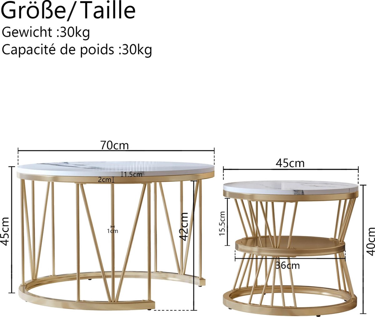 Moderne Nestbare Salontafel - Set van twee Salontafels - Gouden Frame - Bijzettafels Wit met Goud - 70 cm en 45 cm - Zwart met Goud