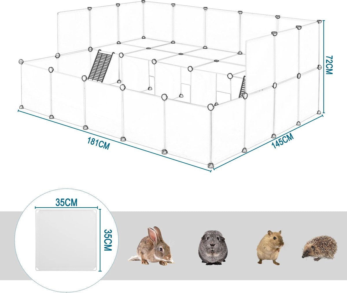 Eszenzics™ modulaire dierenren - Opvouwbaar - Flexibel ontwerp - Solide kunststof wit - Extra verdieping - Voor konijn, cavia, hamster, knaagdier, hond enz. - Dierenkooi