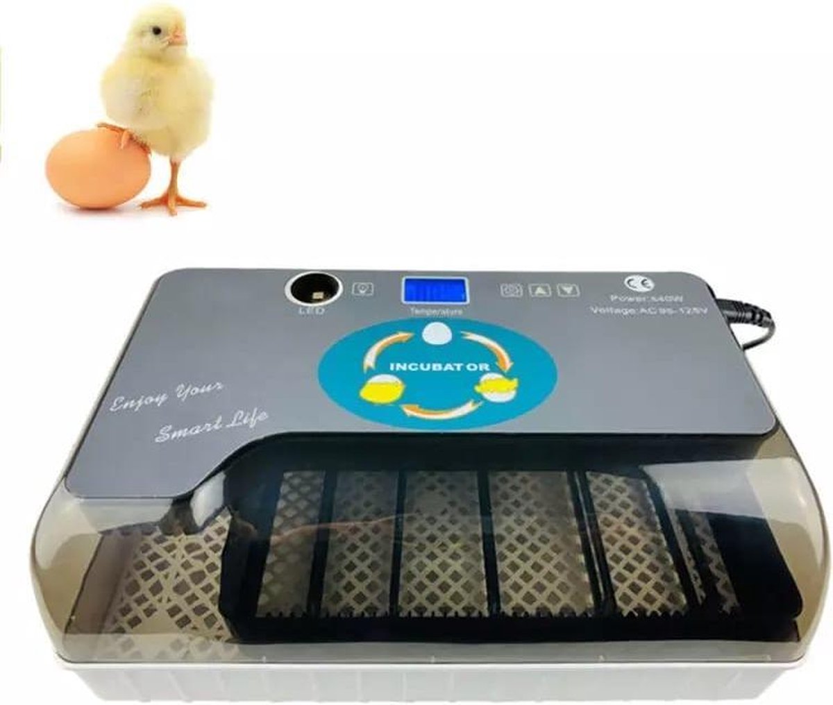 Smart Incubator for eggs - automatic rolling system with integrated candling lamp and water bottle