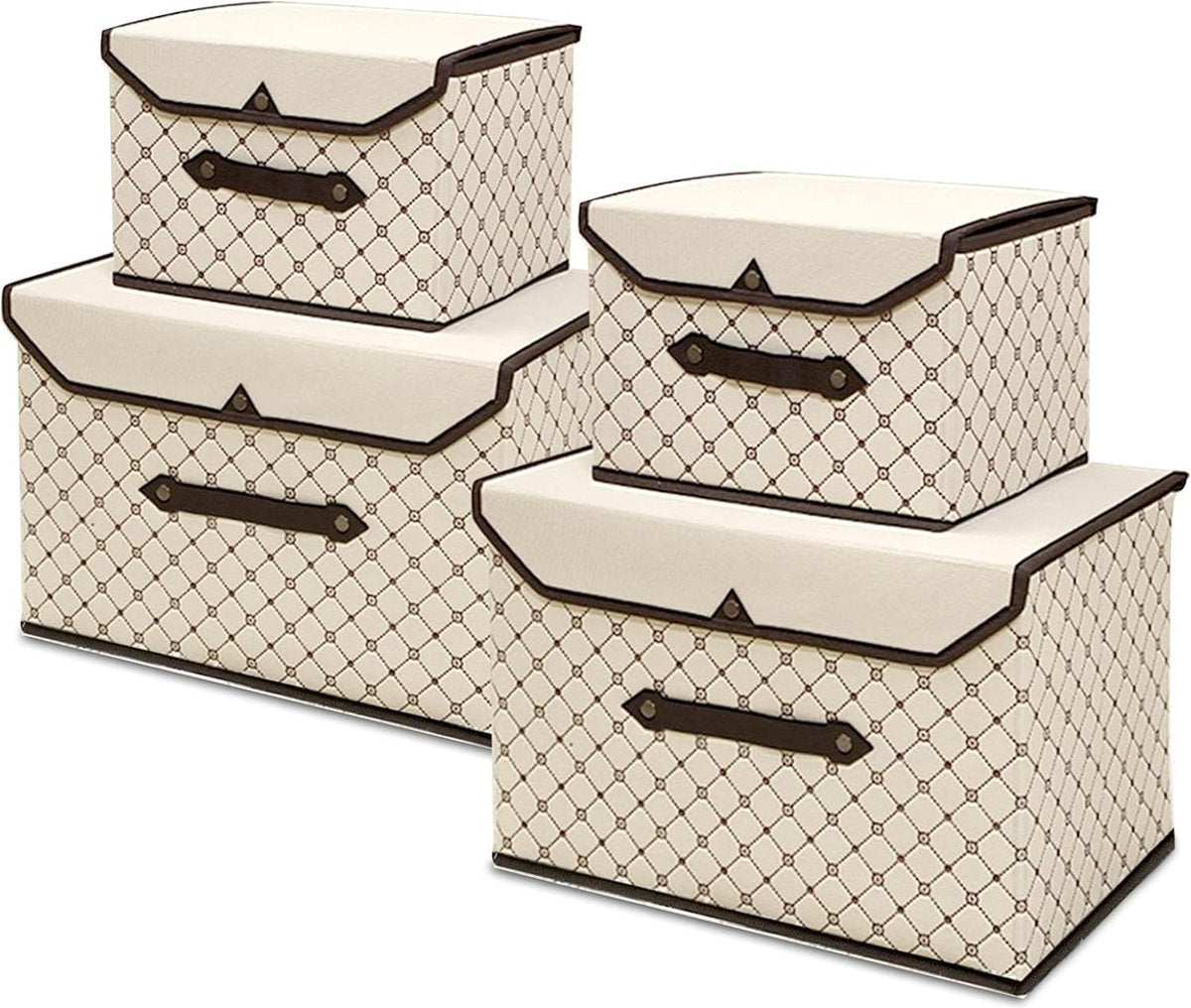 Storage box with lid, fabric, 4 pieces, foldable storage boxes for wardrobe, clothes, toys, books, cosmetics (beige plaid)
