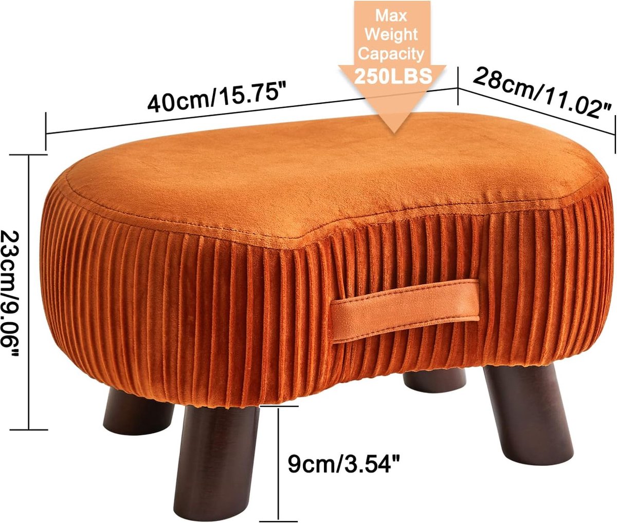 Footstool, bench with handle, curved step stool with soft seat cushion, velvet padded stool, solid wood, for living room, children's room, 40 x 28 x 23 cm, orange