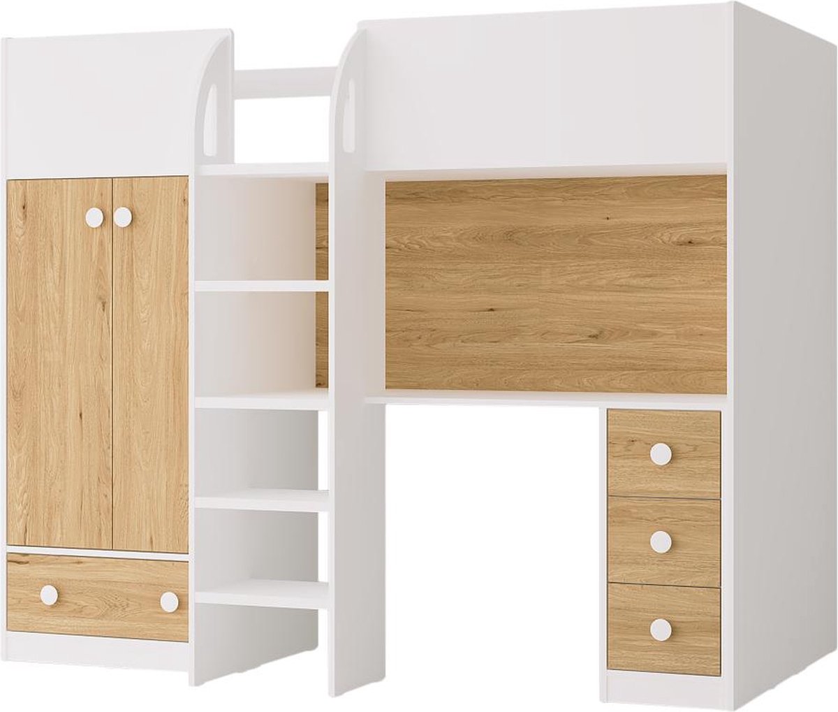 Hoogslaper 90 x 190 cm met kast en bureau - Wit en naturel - CINAMO B 196 cm x H 162.3 cm x D 120.8 cm