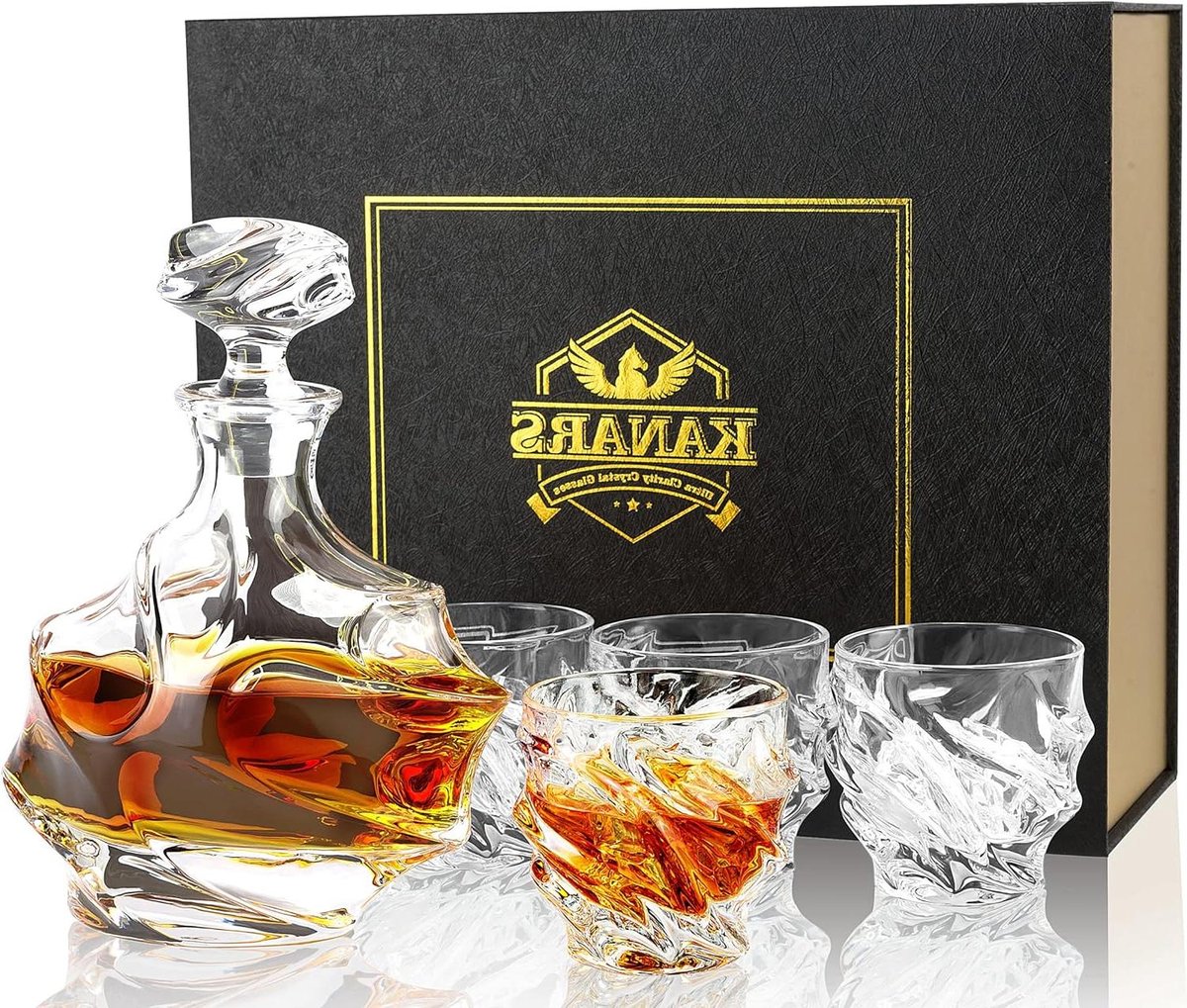 Whiskey Karaf Set - Kristallen Whiskey Karaf met 4 Glazen - 750 ml Karaf en 4x260 ml Glazen - Cognac Whiskey Wodka Martini Scotch Cocktails - Luxe Geschenkdoos - 5-Delige Set