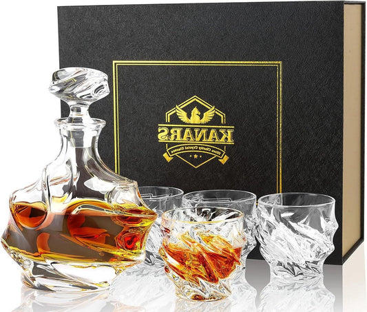 Whiskey Karaf Set - Kristallen Whiskey Karaf met 4 Glazen - 750 ml Karaf en 4x260 ml Glazen - Cognac Whiskey Wodka Martini Scotch Cocktails - Luxe Geschenkdoos - 5-Delige Set
