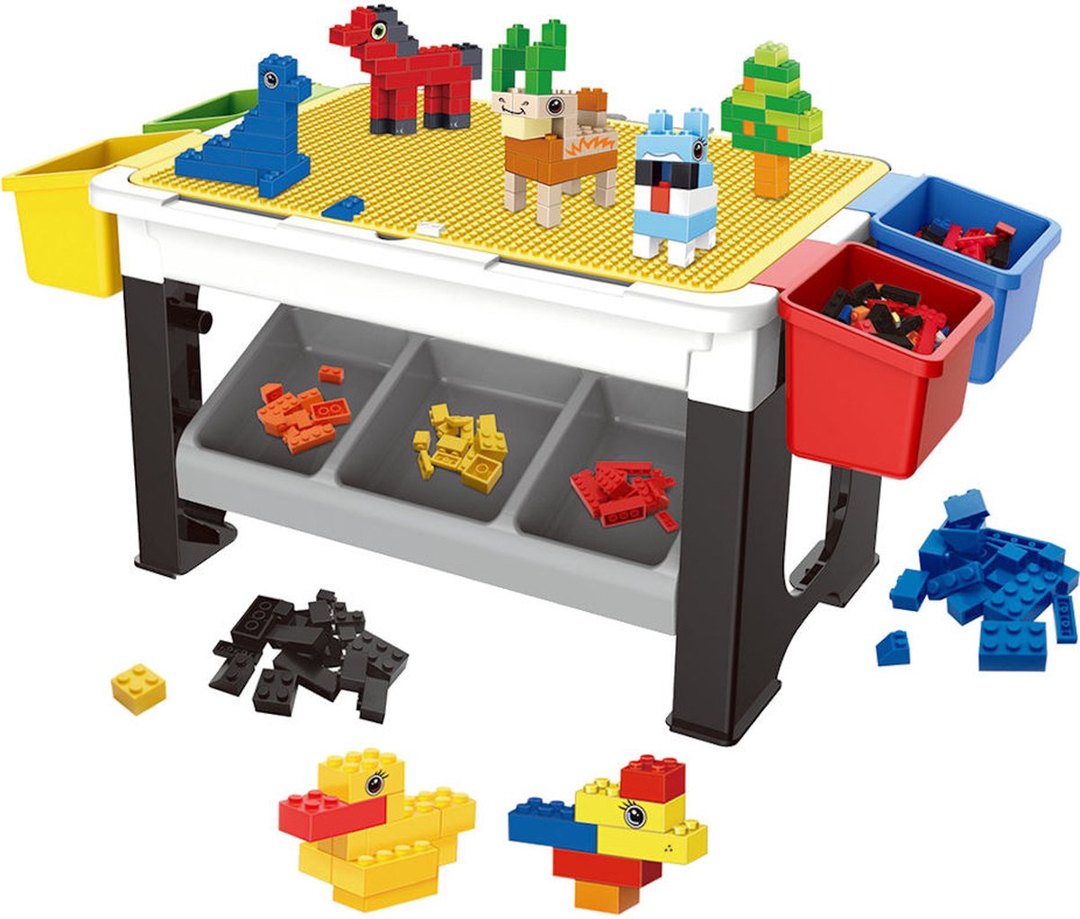 Decopatent® - Speeltafel met bouwplaat en vlakke kant. Kindertafel met 7 Opbergbakken - Bouwtafel