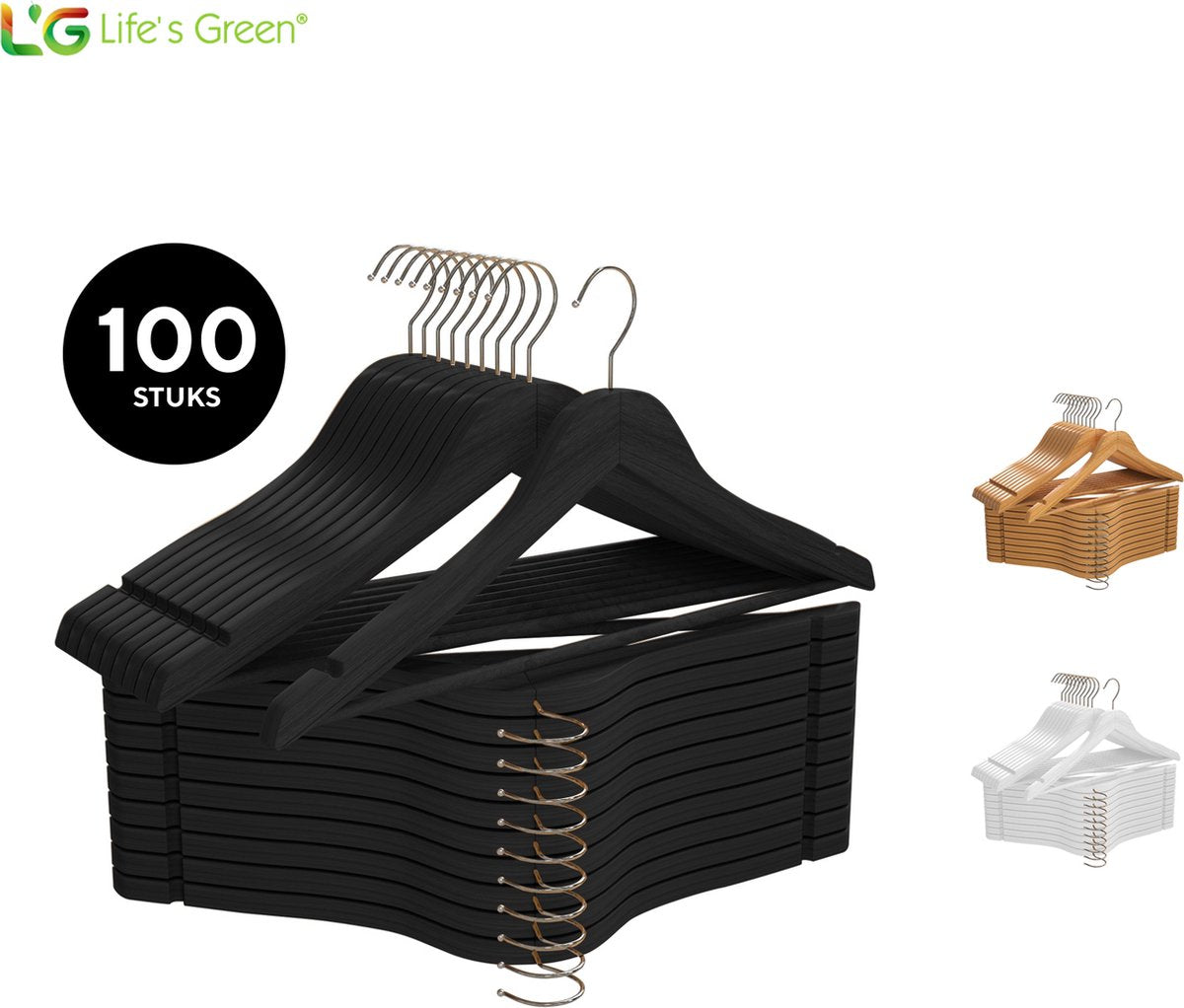 Life's Green® - Kledinghangers - 100 stuks - Kledinghanger LGS1810 - Zwart - Hout - Antislip