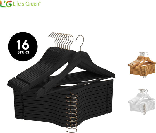 Life's Green® - Kledinghangers - 16 stuks - Kledinghanger LGS1810 - Zwart - Hout - Antislip