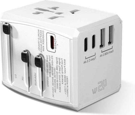 Worldwide Universal Travel Adapter with Fast Charging - 2 USB - 2 USB C - 45 W - AC Outlet - International Plug Adapter - 150+ Countries
