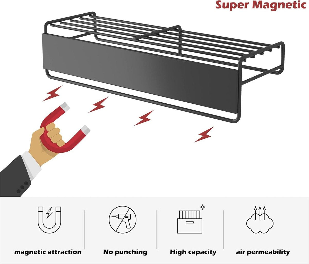 Magnetic Spice Rack for Refrigerator - Set of 4 Magnetic Spice Racks with 10 Hooks - Space-Saving Organizer for Refrigerator & Microwave - Black Hanging Spice Rack