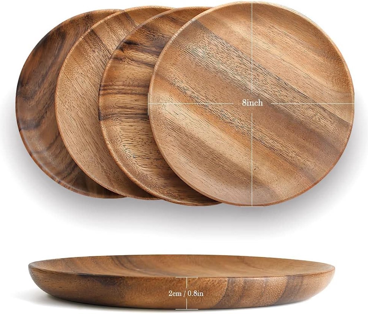 Acaciahouten eetborden, 20 cm ronde houten borden in set van 4, eenvoudige reiniging en gering gewicht voor gerechten, snacks, desserts, klassieke borden - voor Kerstmis
