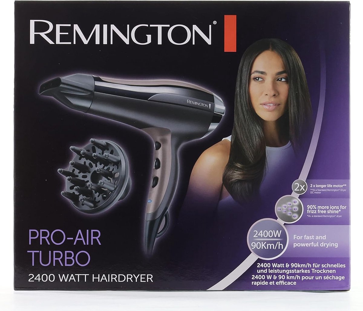 Föhn - Pro air turbo - Ionengenerator technologie - 2400W - 90km per uur blaaskracht - Met Diffuser - Keramiek - 3 warmtestanden - 2 snelheden - Voor pluiziger haar - Zilver -