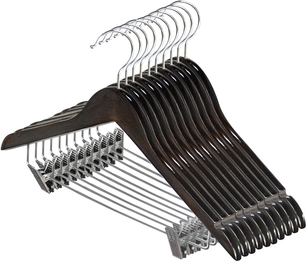 10 stuks 44,5 cm natuurlijke houten kleerhangers met metalen clips, twee inkepingen, 360 graden draaibare haken, kledinghanger, broekhanger, hanger voor broeken, shorts, rok, sokken,