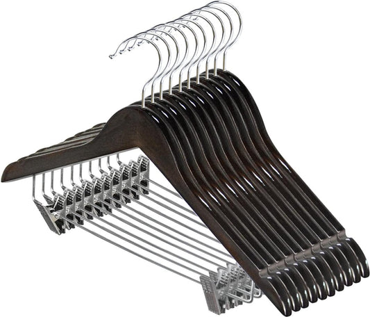 10 stuks 44,5 cm natuurlijke houten kleerhangers met metalen klemmen, twee inkepingen, 360 graden draaibare haken, garderobehanger, broekhanger, hanger voor broeken, shorts, rokken, sokken