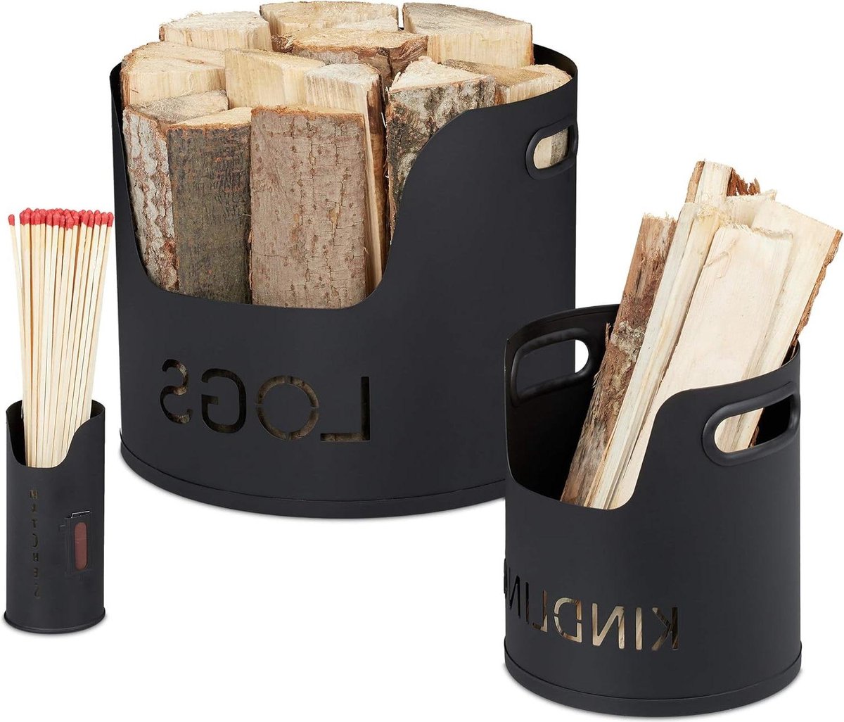 Firewood Storage - Wood Storage 3-piece log basket for firewood kindling - black metal - Ø 37/19 / 65 cm