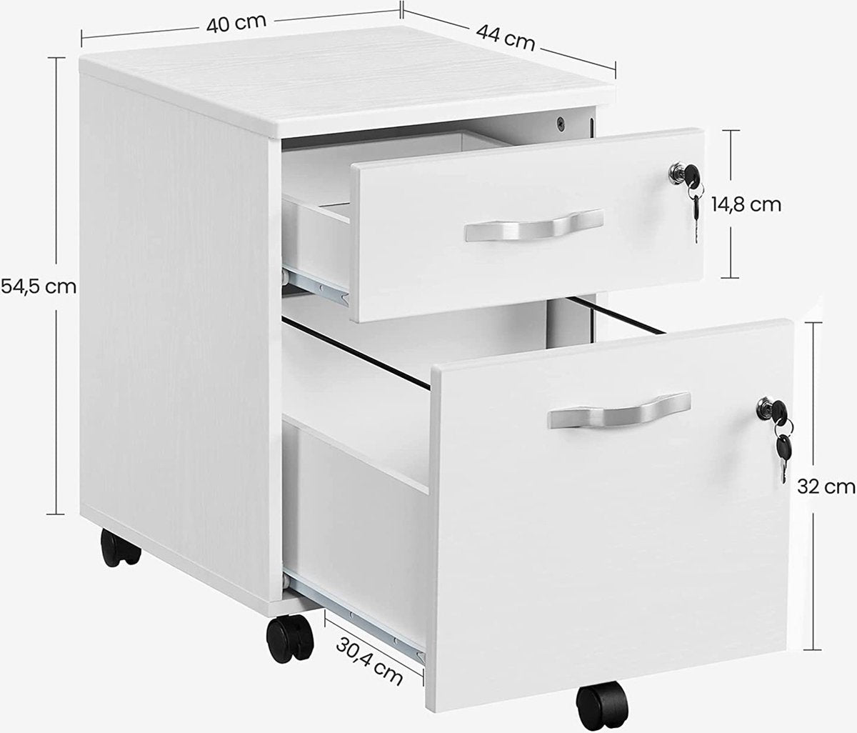 Ladeblok ladeblok op wieltjes Afsluitbaar Verrijdbare container 2 sloten Archiefkast met 2 lades en 5 wielen Verstelbare Hangmap wit