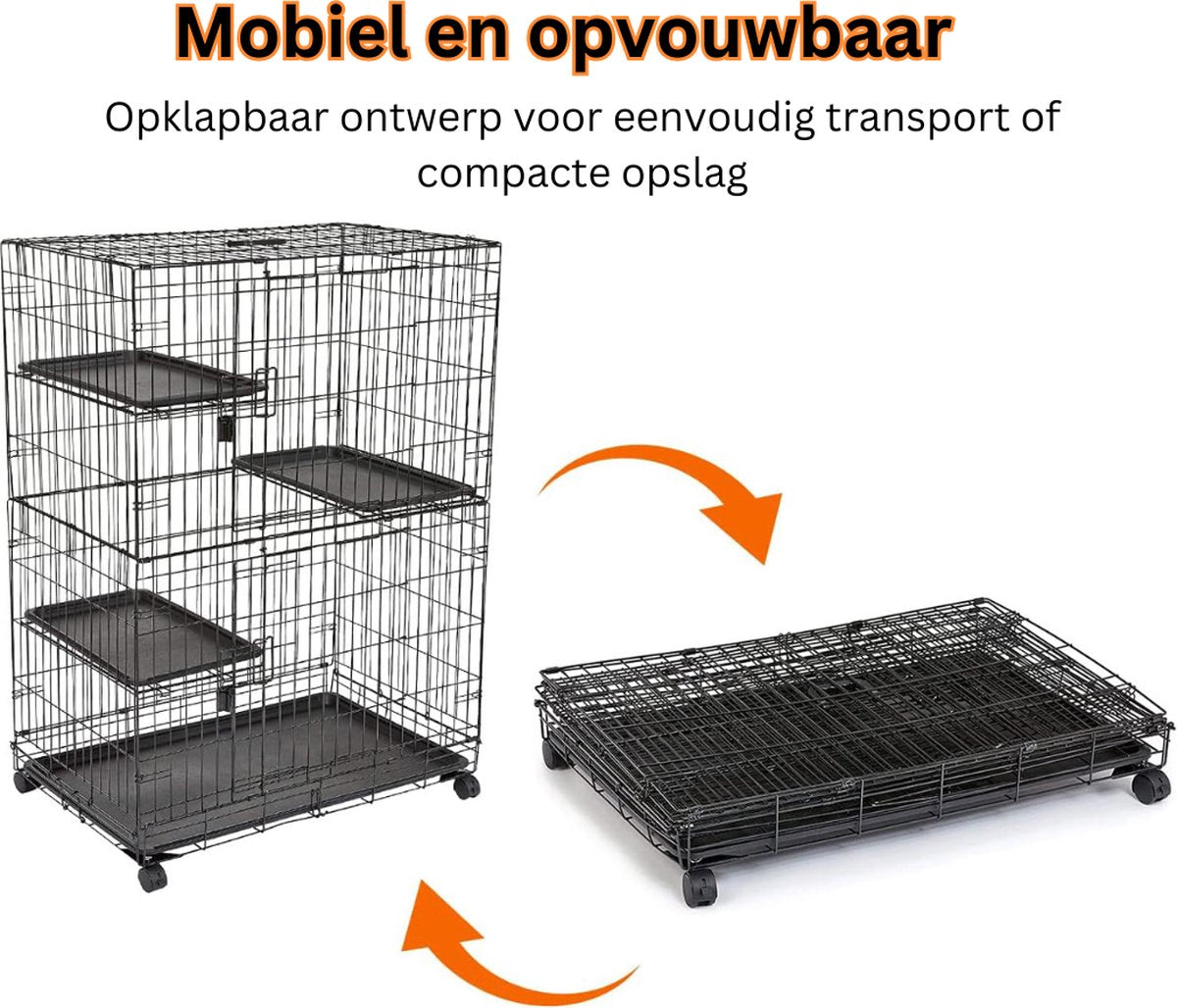 JB® Cat Cage Indoor - Cat Cage Outdoor - Cat Crate - Cat Run - Outdoor Cat Enclosure - 3-Tier Cat Crate - Cat House - Cat Enclosure - Foldable - Easy Storage - With Wheels - Sturdy Metal Construction
