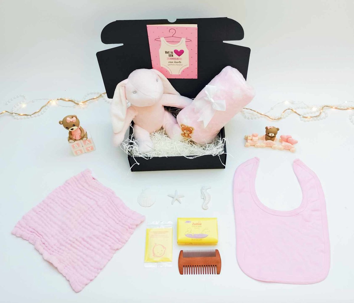 Kraamcadeau voor meisje 8 stuks - Hawsaz.nl cadeau - Babyknuffel - Slabbetje - Kraamcadeau - Gepersonaliseerd cadeau - Babydeken - Babygeschenksets - Geboortecadeau - Babyverzorging - Babyset - Zwitsal - Babypakket - Tweeling