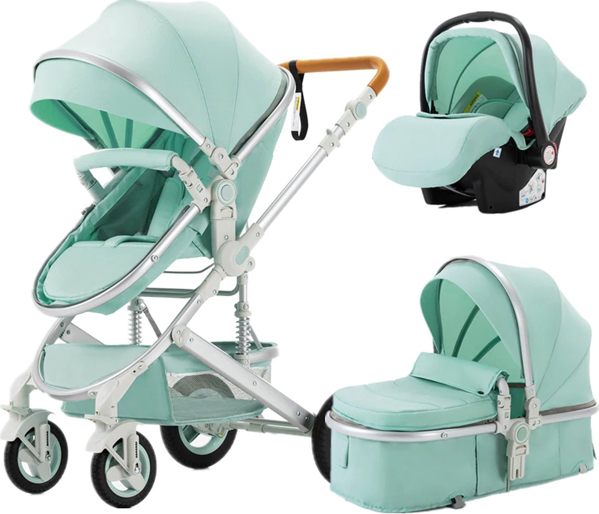 Luxe 3-in-1 Kinderwagen - Wandelwagen - Autostoeltje - Buggy - Opvouwbaar - Groen/Turquoise - 0-36 Maanden