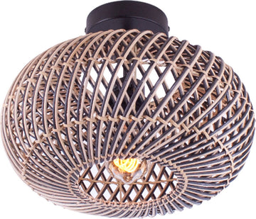 Rotan plafondlamp Stripes | 1 lichts | zwart / naturel | rotan / metaal | Ø 30cm | eetkamer / eettafel / woonkamer lamp | modern / landelijk design