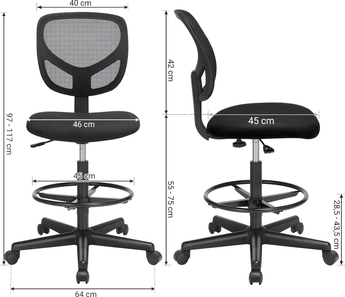 Desk chair, ergonomic task stool, seat height 51.5-71.5 cm, tall drafting chair with adjustable footrest, load capacity 120 kg, black OBN15BK