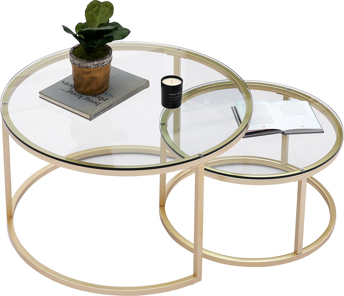 Moderne Salontafels - Set van 2 - Koffietafel - Bijzettafel - 2 Stuks - Ronde Salontafels - Gehard Glas - Goud - 80 en 60cm