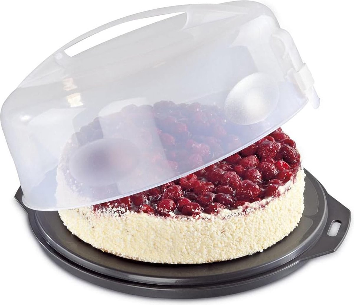 cirkelvormige taartkoepel met deksel (taartvorm Ø 28,5 cm, binnenhoogte 8 cm, taartdoos met verdeler, afzuigkap en serveervakken, party- en taartbutler) antraciet