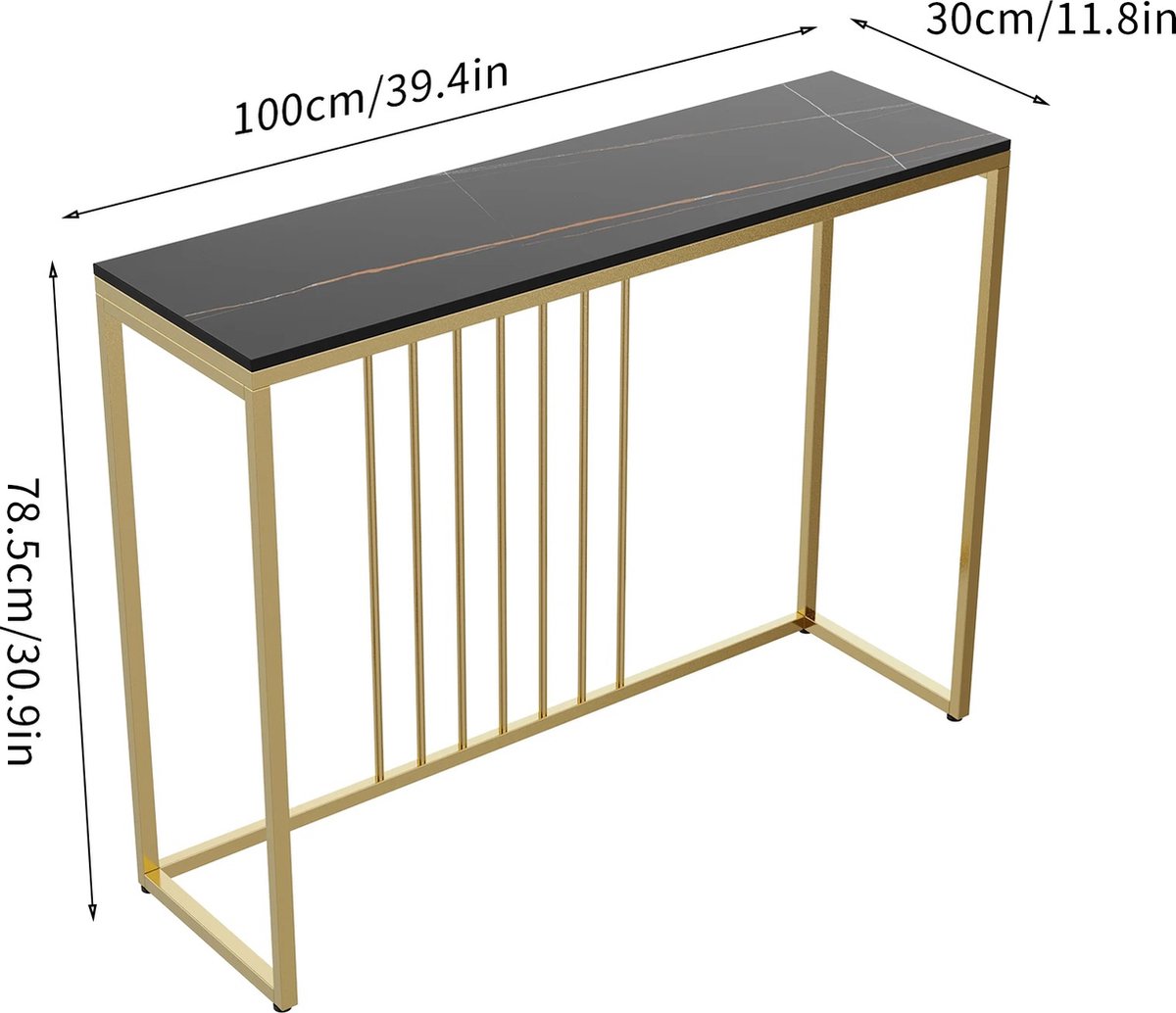 J&R Luxe sidetable - Muurtafel - Wandtafel - Bijzettafel - Console tafel - Wandbureau - Kaptafel - Bartafel - Zwart marmer blad - Goud frame - 100 x 300 x 78.5cm - Wit