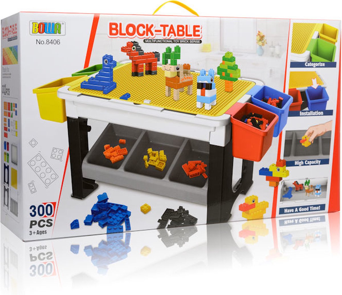 Decopatent® - Speeltafel met bouwplaat en vlakke kant. Kindertafel met 7 Opbergbakken - Bouwtafel