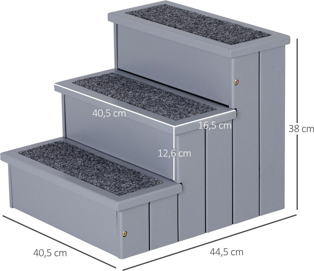 Dog Stairs with Carpet Covering - With Storage Space - Cat Stairs - Small Stairs - Dogs - Cat - Animals - Wood - Grey - 40.5 x 44.5 x 38 cm