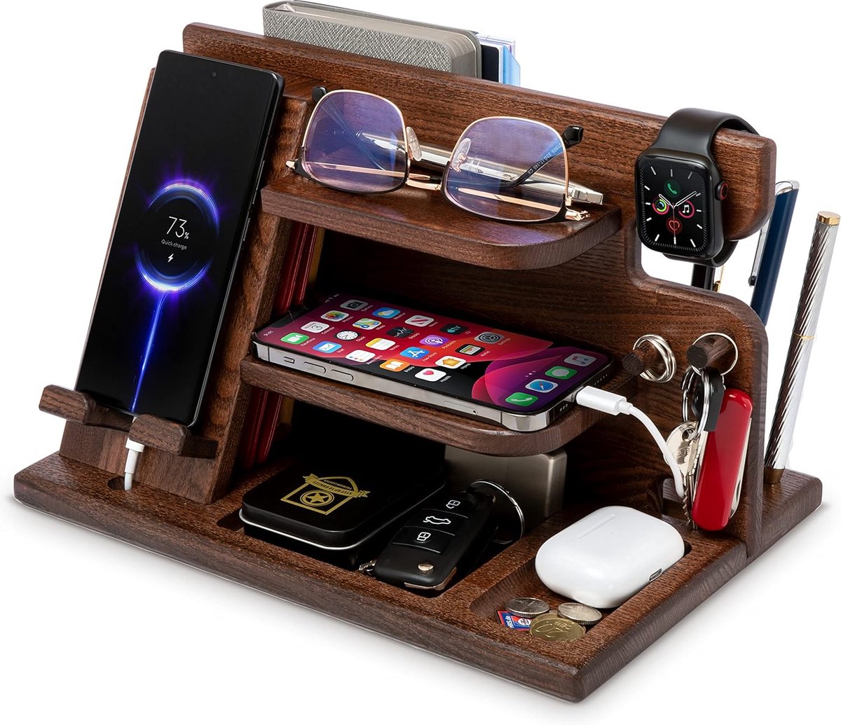 Houten telefoon dockingstation boom met sleutelhanger mannen cadeau echtgenoot vrouw jubileum vader verjaardag nachtkastje portemonnee vader afstuderen mannelijke reisidee gadgets (ambersteen)