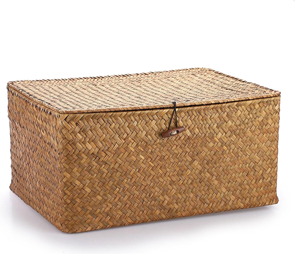 Seagrass Storage Basket with Lid Woven Wicker Basket Desk Basket Rectangular Bathroom Storage Box, Living Room Decorative Under Shelf Basket Multifunctional Storage Basket (XL,
