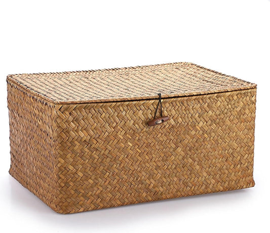 Seagrass Storage Basket with Lid Woven Wicker Basket Desk Basket Rectangular Bathroom Storage Box, Living Room Decorative Under Shelf Basket Multifunctional Storage Basket (XL,