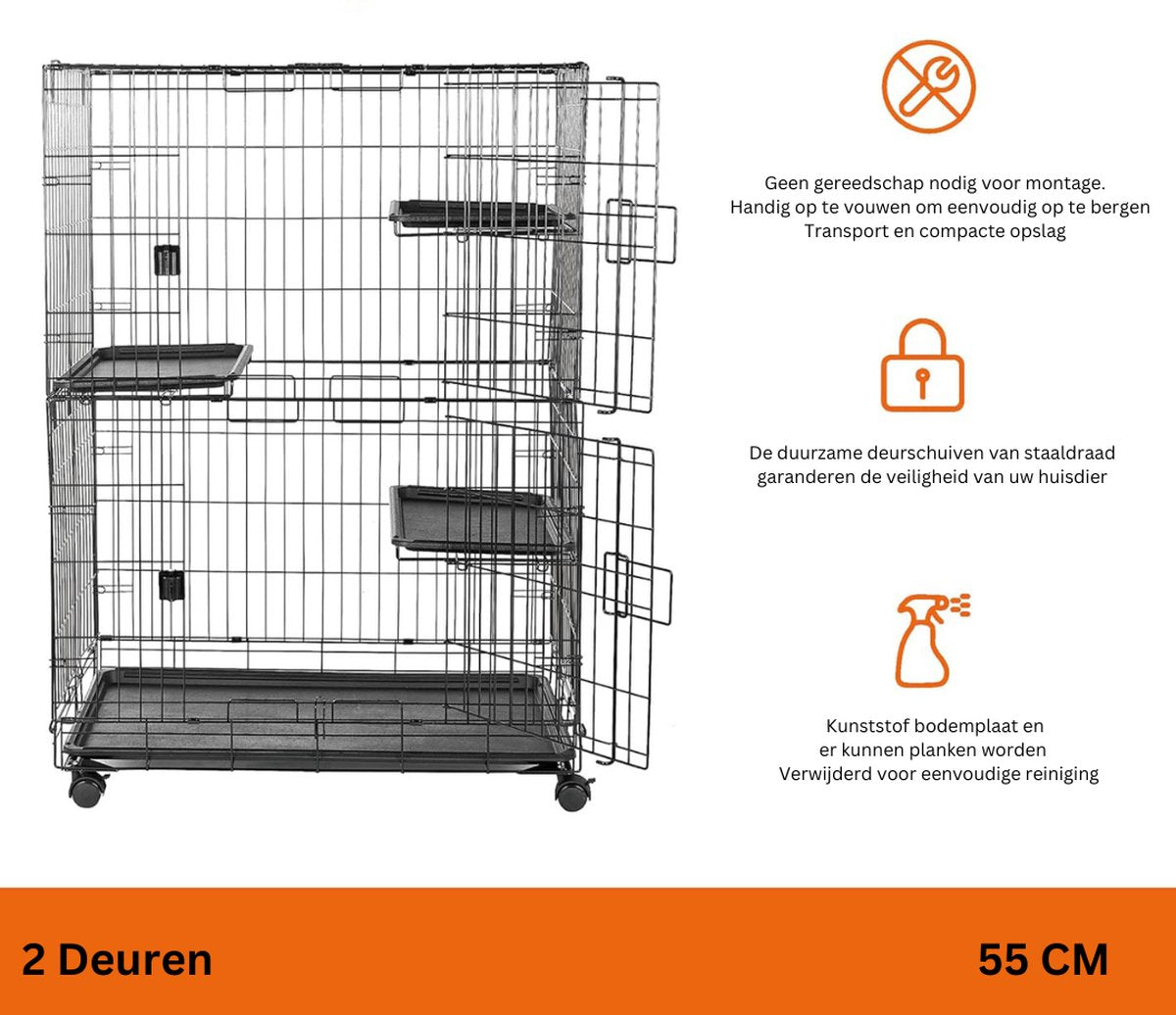 JB® Cat Cage Indoor - Cat Cage Outdoor - Cat Crate - Cat Run - Outdoor Cat Enclosure - 3-Tier Cat Crate - Cat House - Cat Enclosure - Foldable - Easy Storage - With Wheels - Sturdy Metal Construction