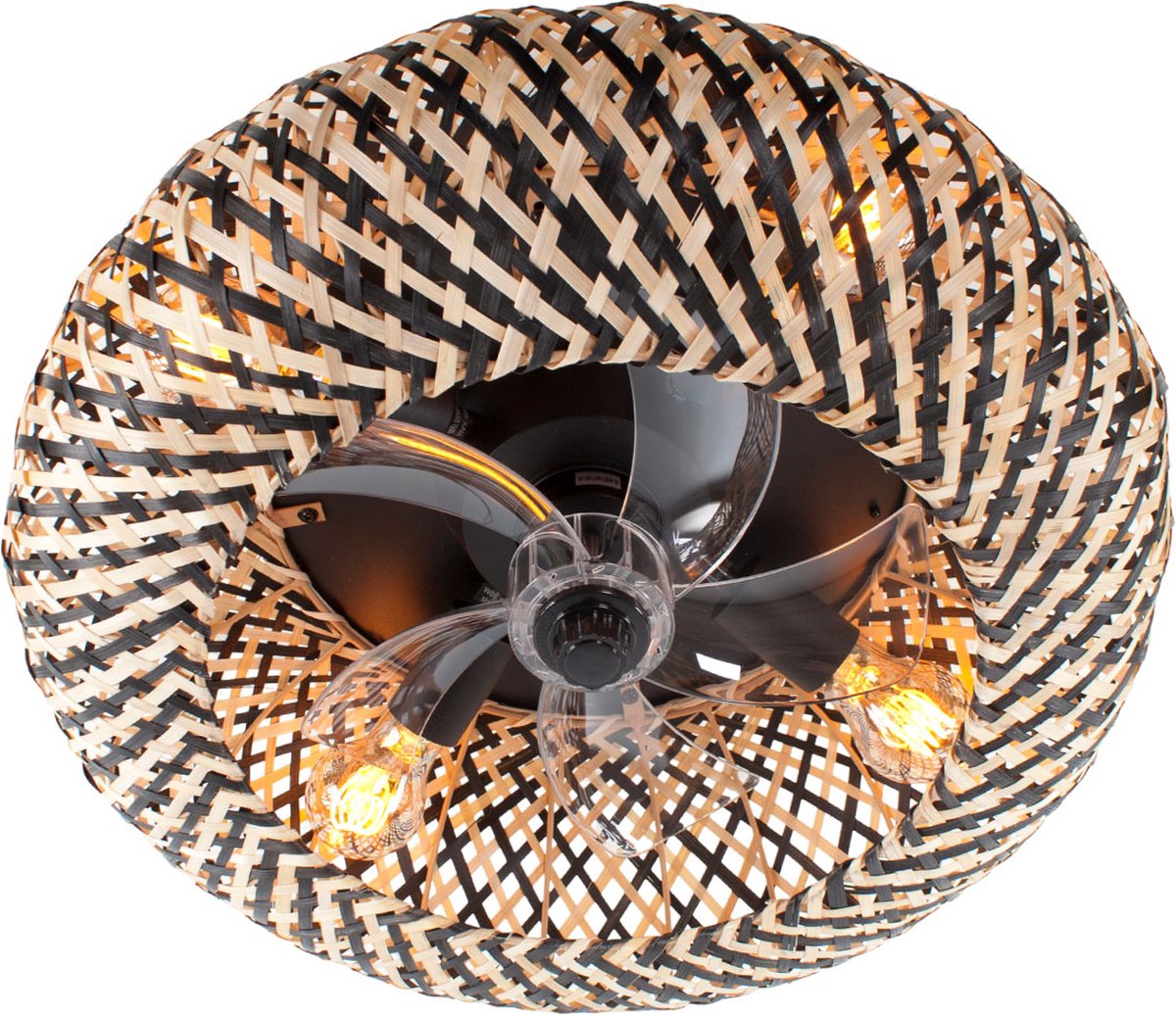 Ceiling fan with light - Rattan natural / black Ø 50 cm