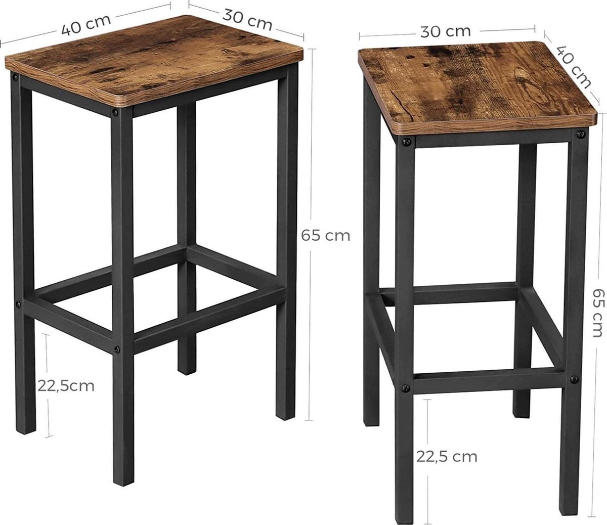 VASAGLE ALINRU barkruk set van 2, barstoelen, keukenstoelen in industrieel ontwerp, met voetsteun, 40 x 30 x 65 cm, voor keuken, woonkamer, feestkelder, vintage bruin-zwart