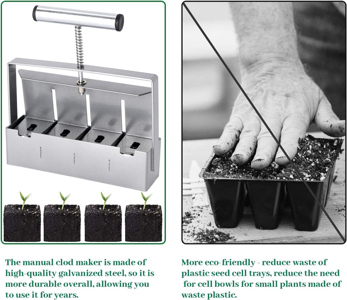 Manual quad soil blocker with comfortable handle, soil blocker transplant greenhouses, outdoor garden for seedlings, cuttings, greenhouses