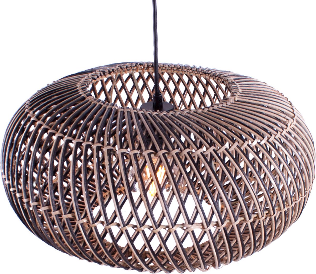Rattan pendant lamp Stripes | 1-light | black / natural | rattan / metal | Ø 40 cm | height adjustable up to 140 cm | dining room / dining table / living room lamp | modern / rustic design
