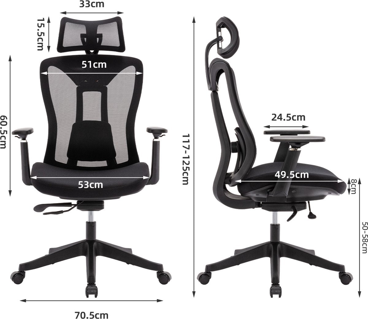 Ergonomic Office Chair - Office Chair - Adjustable Headrest - Black - Height Adjustment 117-125cm - Swivel Office Chair - With Wheels