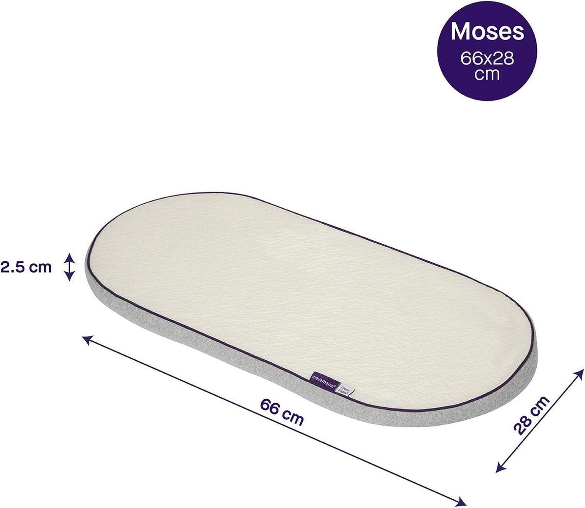 Foam mattress for basket and pram 66x28 cm - white 3111 - Comfortable ClevaFoam - breathable - supportive