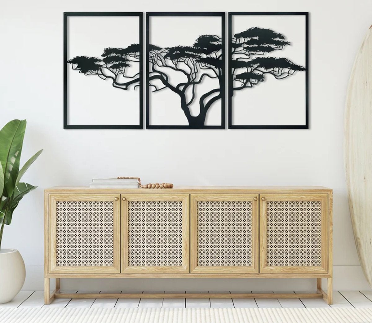 3 stuks Afrikaanse Levensboom moderne deco wanddecoratie - XL- Wanddecoratie - Zwart - Houten art - Muurdecoratie - Line art - Wall art - Bohemian - Wandborden - Woonkamer - 140x70 cm - wanddecoratie woonkamer - 3 stuks Afrikaanse Levensboom