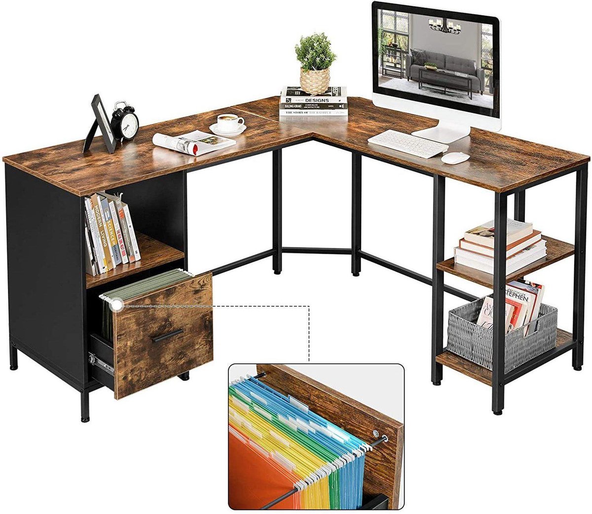 Hoekbureau - Computerbureau - Met Ladeblok - Houten Blad - Industriële Look - Bruin